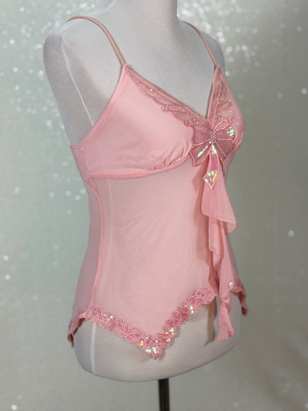 Y2K Pink Sheer Mesh Camisole Top Sequin Bow Lace Trim Fairycore Babydoll - Picture 5 of 12
